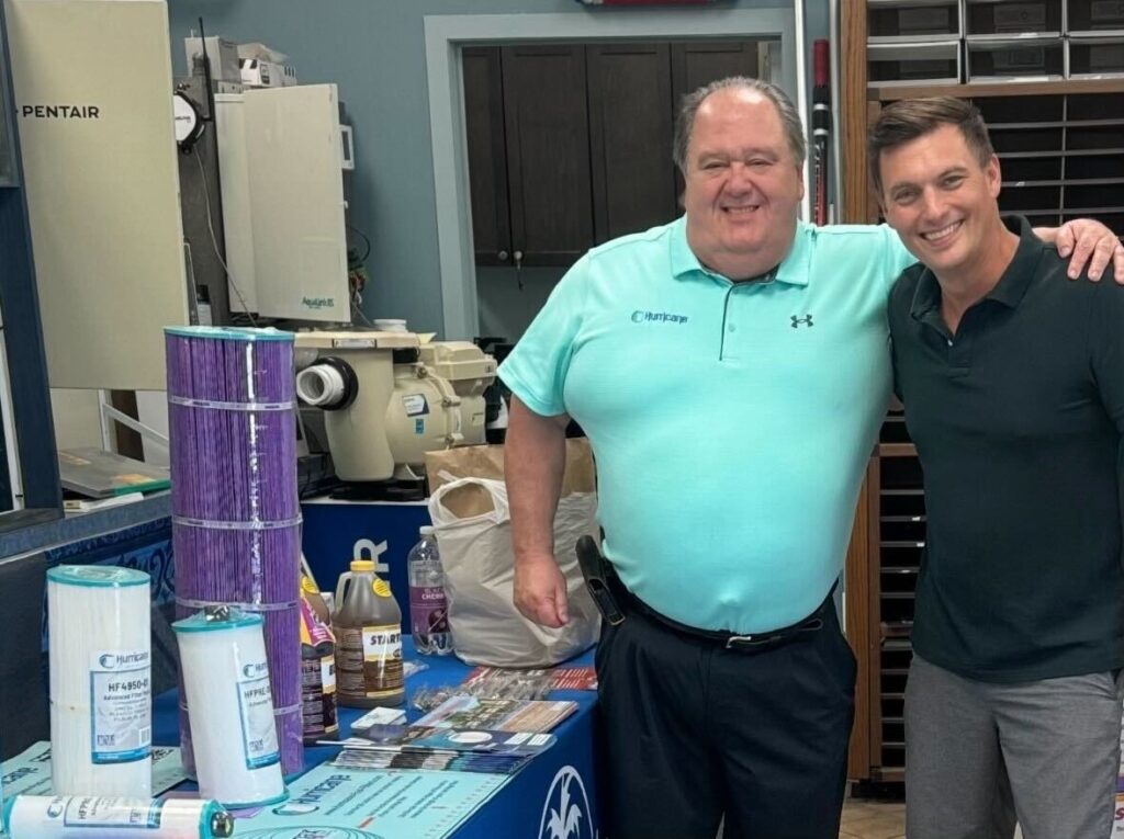 The Grit Game pool and spa manufacturer representative firm Long Island Manager Kevin Vail with Collaborative rep Firm Warm Water Sales Fred